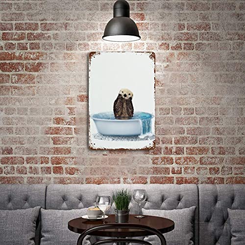 Vintage Tin Sign Sea Otter Bathroom Print Coastal Bathtub Wall Art Funny Nautical Nursery Tub Metal Tin Sign Cute Woodland Animal Home Decor Kids Room Tin Sign Poster Home Bar Plate Wall Decor 12"×8"