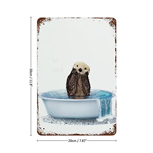 Vintage Tin Sign Sea Otter Bathroom Print Coastal Bathtub Wall Art Funny Nautical Nursery Tub Metal Tin Sign Cute Woodland Animal Home Decor Kids Room Tin Sign Poster Home Bar Plate Wall Decor 12"×8"