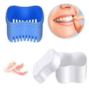 Denture Cleaner Box and Brush Set - 2 Pack Denture Bath Case with Basket + 2 Pack Denture Brush, Portable Denture Retainer Storage Box, False Teeth Brushes for Oral Care (Blue and Red)