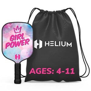 helium pickleball paddle for kids – child size paddle for children under 12, lightweight honeycomb core, graphite strike face, pickleball paddle & drawstring bag - girl power