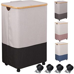 large laundry hamper with lid - collapsible laundry baskets with wheels and removable laundry bag, 105l capacity dirty clothes hampers with handles for living room, bedroom, laundry room, beige+black