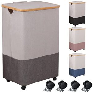 large laundry hamper with lid - collapsible laundry baskets with wheels and removable laundry bag, 105l capacity dirty clothes hampers with handles for living room, bedroom, laundry room, beige+grey