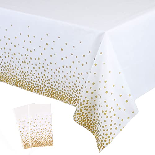 2 Pack White and Gold Tablecloth Disposable Gold Tables Tablecloths for Rectangle 54" x 108" Plastic Tablecloth Party Table Covers for Birthday Thanksgiving Christmas Wedding Outdoor BBQ (White)