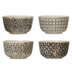 creative co-op hand-stamped stoneware bowl with embossed pattern, black & cream color, 4 styles dinnerware, multi