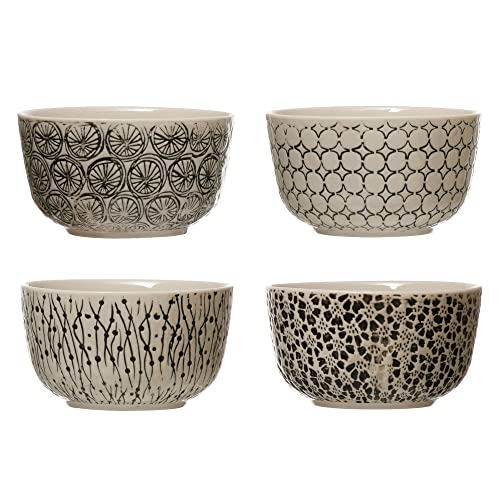 Creative Co-Op Hand-Stamped Stoneware Bowl with Embossed Pattern, Black & Cream Color, 4 Styles Dinnerware, Multi