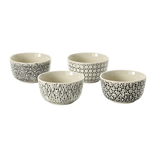 Creative Co-Op Hand-Stamped Stoneware Bowl with Embossed Pattern, Black & Cream Color, 4 Styles Dinnerware, Multi