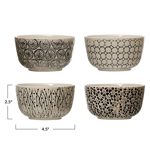 Creative Co-Op Hand-Stamped Stoneware Bowl with Embossed Pattern, Black & Cream Color, 4 Styles Dinnerware, Multi