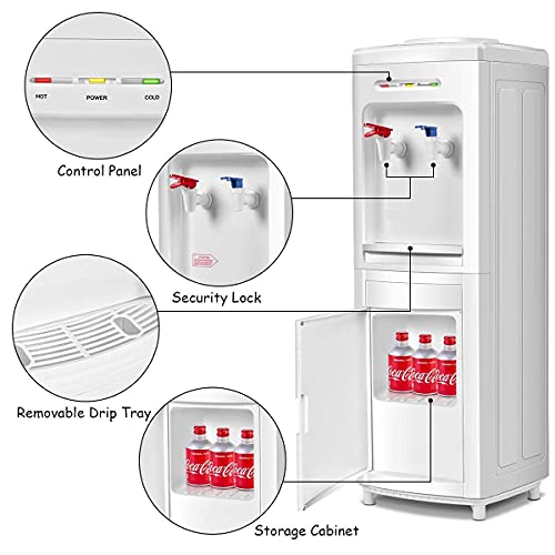 KOTEK Water Coolers Water Dispenser, Hot & Cold Top Loading Water Cooler Dispenser Holds 3 or 5 Gallon Bottles w/ Child Safety Lock, Removable Drip Tray & Storage Cabinet for Home Office School, White