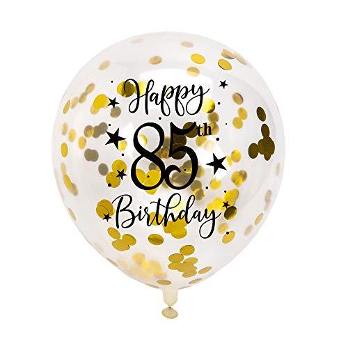 Gold 85th Confetti Latex Balloons, Woman or Man Happy 85 Years Birthday Party Balloon Decoration With Confetti, 12in, 16 Pack