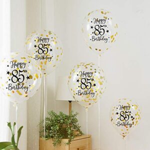 Gold 85th Confetti Latex Balloons, Woman or Man Happy 85 Years Birthday Party Balloon Decoration With Confetti, 12in, 16 Pack