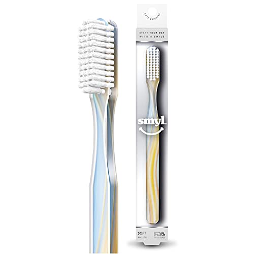 BioSwiss SMYL Toothbrushes with Powerful Soft Nylon Bristles for Adults - Unique Fashion Forward Printed Designs, Oral Care, Effectively Remove Plaque and Tartar Build Up (1 Pack, Fine Stones Yellow)