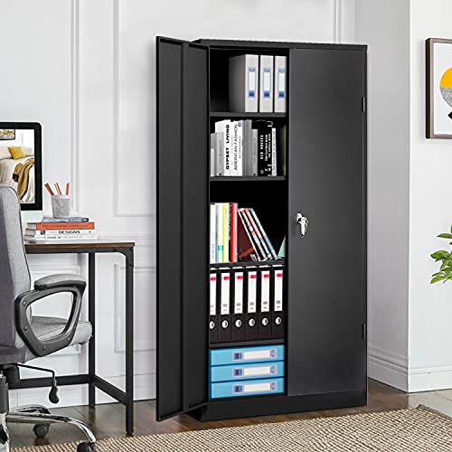 INTERGREAT Black Metal Storage Cabinet Doors,72" Locking Steel Storage Cabinet with Shelves, Tall Metal Cabinet Lockable Steel Cabinets for Home Office, Garage