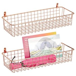 mdesign wallmount metal storage basket tray with handles - decorative organizer for hanging in entryway, mudroom, bedroom, bathroom, laundry room - small - hooks included - 2 pack - rose gold