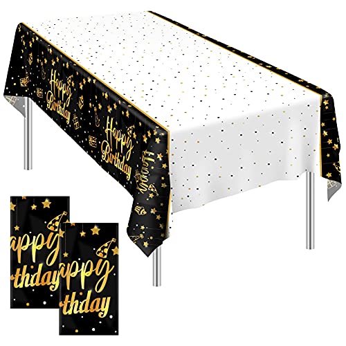 Ruisita 2 Pack Black Gold Table Cloth Cover Happy Birthday Tablecloth Party Tablecloths Rectangular Table Cloth Cover for Indoor or Outdoor Parties Birthdays