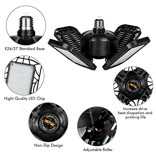 LED Garage Light 4 Pack, 80W Ultra Bright LED Shop Light with 4 Adjustable Panels, 8000LM E26/E27 Base Deformable Ceiling Light Fixtures for Garage, Workshop, Attic, Basement, Barn (Black, 4 Pack)