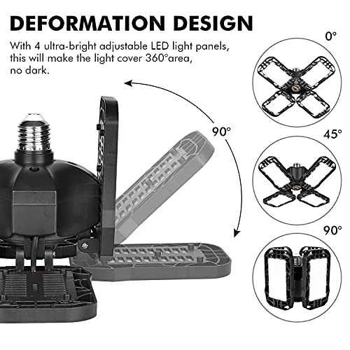 LED Garage Light 4 Pack, 80W Ultra Bright LED Shop Light with 4 Adjustable Panels, 8000LM E26/E27 Base Deformable Ceiling Light Fixtures for Garage, Workshop, Attic, Basement, Barn (Black, 4 Pack)