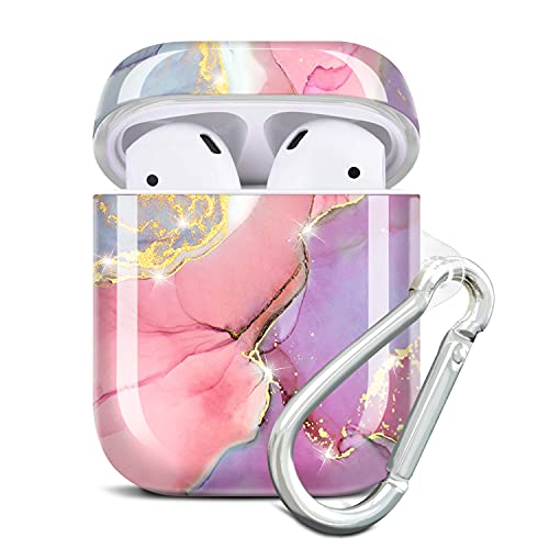 JIAXIUFEN AirPods Case Cover Gold Sparkle Glitter Marble Design Cute Full Protective Silicone TPU Skin Accessories for Women Girl with Keychain for AirPods 2 & 1 Charging Case - Pink Purple