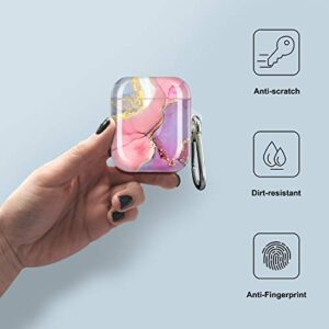 JIAXIUFEN AirPods Case Cover Gold Sparkle Glitter Marble Design Cute Full Protective Silicone TPU Skin Accessories for Women Girl with Keychain for AirPods 2 & 1 Charging Case - Pink Purple