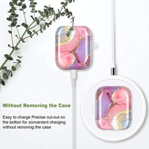 JIAXIUFEN AirPods Case Cover Gold Sparkle Glitter Marble Design Cute Full Protective Silicone TPU Skin Accessories for Women Girl with Keychain for AirPods 2 & 1 Charging Case - Pink Purple