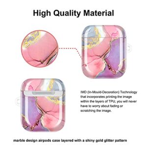 JIAXIUFEN AirPods Case Cover Gold Sparkle Glitter Marble Design Cute Full Protective Silicone TPU Skin Accessories for Women Girl with Keychain for AirPods 2 & 1 Charging Case - Pink Purple