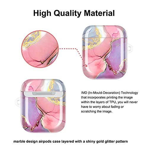 JIAXIUFEN AirPods Case Cover Gold Sparkle Glitter Marble Design Cute Full Protective Silicone TPU Skin Accessories for Women Girl with Keychain for AirPods 2 & 1 Charging Case - Pink Purple