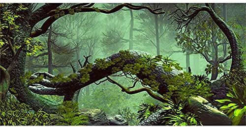 AWERT 72x18 inches Foggy Forest Terrarium Background Stone Green Tree Tropical Reptile Habitat Background Rainforest Aquarium Background Durable Polyester Background