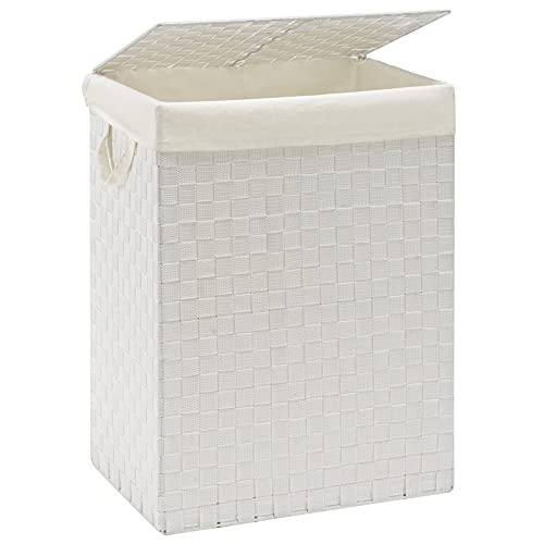 YOUDENOVA Handwoven Laundry Basket Hamper with Removable Bag and Lid, Collapsible Clothes Hamper with Handle, White