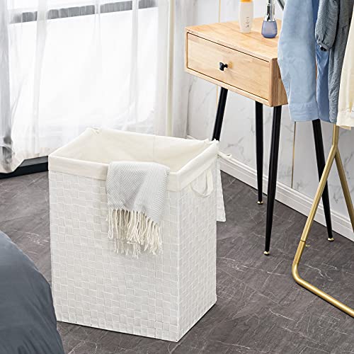 YOUDENOVA Handwoven Laundry Basket Hamper with Removable Bag and Lid, Collapsible Clothes Hamper with Handle, White