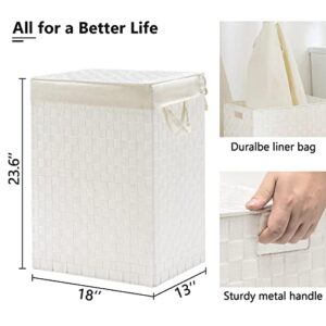 YOUDENOVA Handwoven Laundry Basket Hamper with Removable Bag and Lid, Collapsible Clothes Hamper with Handle, White