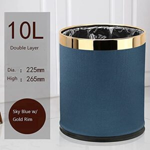 Luxury Metal Waste Bin 10L, Open Top Double Layer Trash Can Floor Standing with Faux Leather Covered - Waste basket Dust Bins for Kitchen Bathroom Hotel Office (Sky Blue)