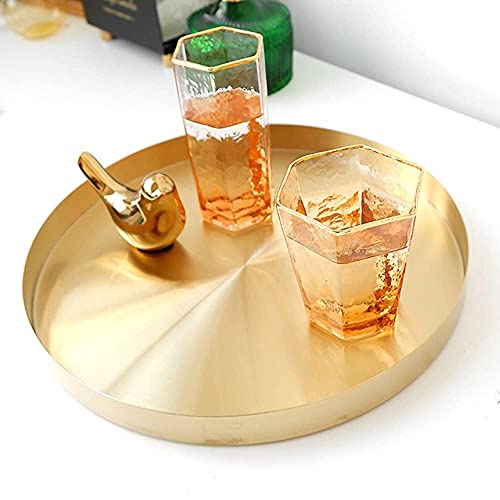 Exxacttorch 12 Inch Gold Round Metal Decorative Tray Stainless Steel Golden Serving Tray Brass Circle Table Platter Tray for Bathroom Vanity Counter Desktop Dinner Table