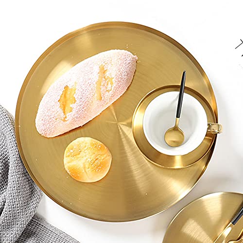 Exxacttorch 12 Inch Gold Round Metal Decorative Tray Stainless Steel Golden Serving Tray Brass Circle Table Platter Tray for Bathroom Vanity Counter Desktop Dinner Table
