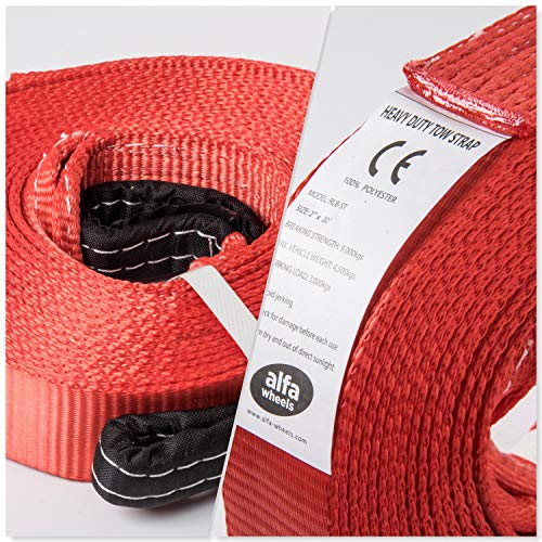 HiGear 9 Ton 2 Inch X 30 Ft. Polyester Tow Strap Rope 2 Loops 20,000lb Towing Recovery by Alfa Wheels (2in 30ft 2x30, Red)