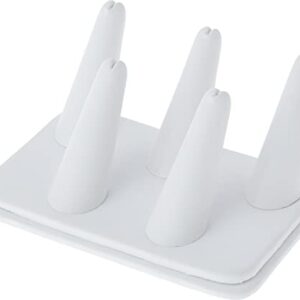 Plymor White Faux Leather Ring Finger Display, Five on Rectangular Base, 5.25" W x 3.625" D x 2.25" H