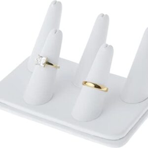 Plymor White Faux Leather Ring Finger Display, Five on Rectangular Base, 5.25" W x 3.625" D x 2.25" H