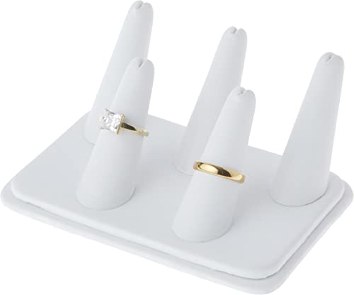 Plymor White Faux Leather Ring Finger Display, Five on Rectangular Base, 5.25" W x 3.625" D x 2.25" H