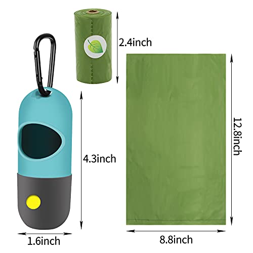 2 Pack Dog Poop Bag Dispenser with Built-in LED Flashlight, Pet Waste Bag Holder for Leash with Carabiner Clip for Lead Leash, 2 Rolls Leak-proof Doggy Waste Bags for Dog Walking, Blue