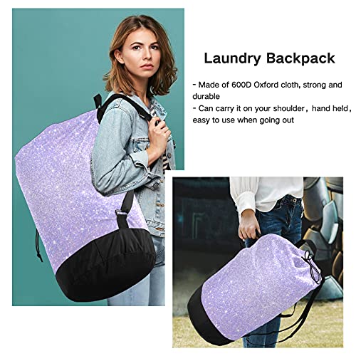 xigua Shiny Glitter Lavender Laundry Backpack Bag, Extra Large Laundry Bag with Straps, Portable Backpack Laundry Bag for College Dorm, Apartment, Laundromat