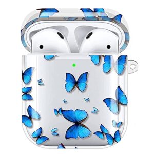 molova case for airpods 1&2 case, airpods hard protective cover shock proof compatiable with wireless charging case keychain for kids teens boys girls (many blue butterfly)