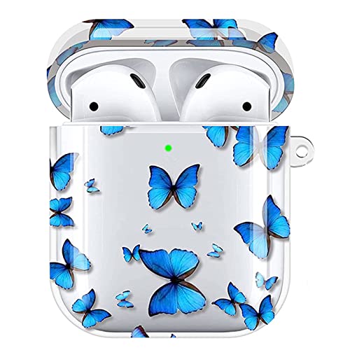 MOLOVA Case for Airpods 1&2 Case, Airpods Hard Protective Cover Shock Proof Compatiable with Wireless Charging Case Keychain for Kids Teens Boys Girls (Many Blue Butterfly)