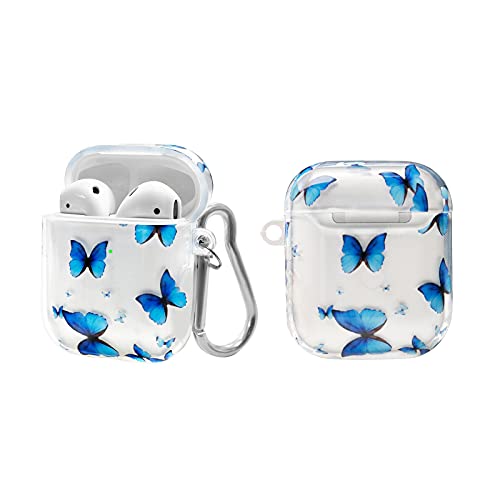 MOLOVA Case for Airpods 1&2 Case, Airpods Hard Protective Cover Shock Proof Compatiable with Wireless Charging Case Keychain for Kids Teens Boys Girls (Many Blue Butterfly)