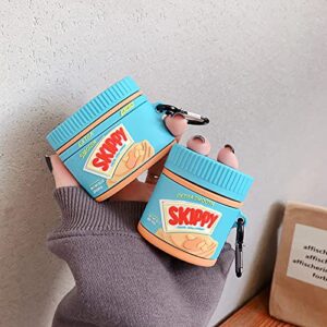 Ultra Thick Soft Silicone Case for Apple AirPods 1 2 1st 2nd Generation with Keychain Hook Peanut Butter 3D Cartoon Food Cute Lovely Fun Funny Unique Creative Cool Kids Girls Women