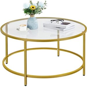 yaheetech 36in round glass-top coffee table,mustard gold modern accent side round coffee table w/protective foot pads, metal structure glass coffee table for living room,dining, apartment,small space