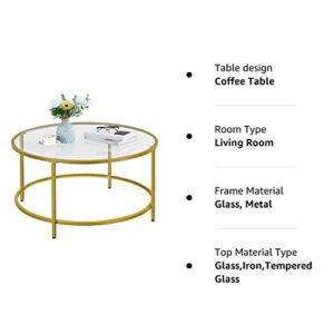 Yaheetech 36in Round Glass-Top Coffee Table,Mustard Gold Modern Accent Side Round Coffee Table w/Protective Foot Pads, Metal Structure Glass Coffee Table for Living Room,Dining, Apartment,Small Space