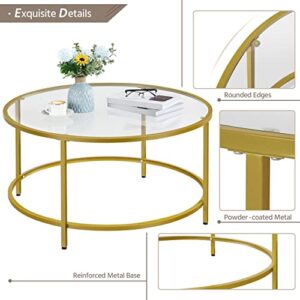 Yaheetech 36in Round Glass-Top Coffee Table,Mustard Gold Modern Accent Side Round Coffee Table w/Protective Foot Pads, Metal Structure Glass Coffee Table for Living Room,Dining, Apartment,Small Space