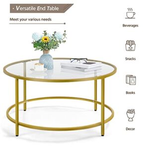 Yaheetech 36in Round Glass-Top Coffee Table,Mustard Gold Modern Accent Side Round Coffee Table w/Protective Foot Pads, Metal Structure Glass Coffee Table for Living Room,Dining, Apartment,Small Space