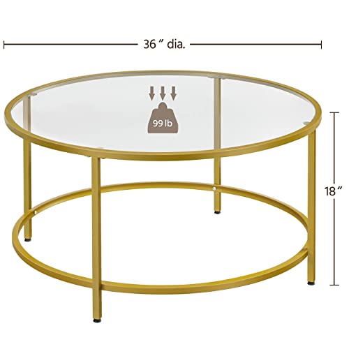 Yaheetech 36in Round Glass-Top Coffee Table,Mustard Gold Modern Accent Side Round Coffee Table w/Protective Foot Pads, Metal Structure Glass Coffee Table for Living Room,Dining, Apartment,Small Space