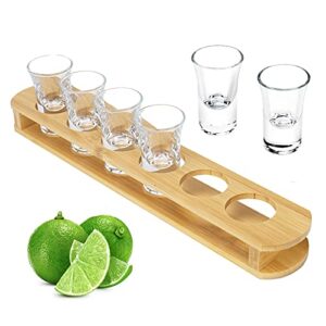 1 oz shot glasses with holder, shot glass set in bamboo wooden shot tray, d&z 6 heavy base shot glasses for whiskey/vodka/tequila/cocktail/soju, shot serving tray, good helper for bar/restaurant/party