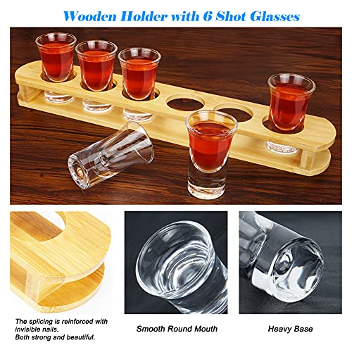 1 oz Shot Glasses with Holder, Shot Glass Set in Bamboo Wooden Shot Tray, D&Z 6 Heavy Base Shot Glasses for Whiskey/Vodka/Tequila/Cocktail/Soju, Shot Serving Tray, Good Helper for Bar/Restaurant/Party