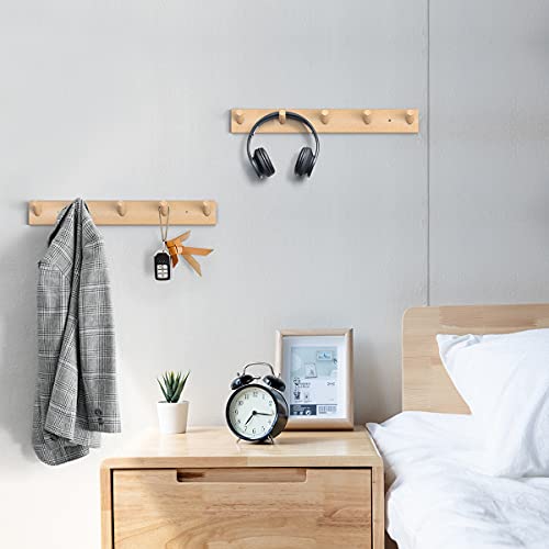 HangerSpace Wooden Wall Mounted Coat Rack, Natural Wood Duty Coat Hooks with 5 Pegs Wall Hooks, Wooden Coat Hanger Hat Rack for Hanging Coats Towels Purse Robes